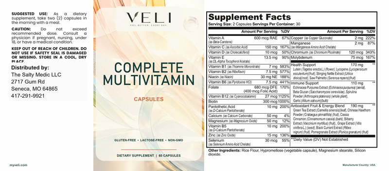 Complete Multivitamin by VELI, full label with facts, directions and warnings
