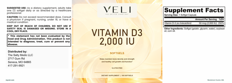 Vitamin D3 2,000 IU by VELI, full label with facts, directions and warnings