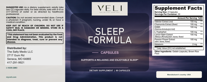 Sleep Formula by VELI, full label with facts, directions and warnings
