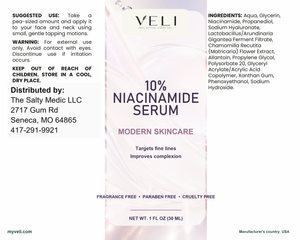 10% Niacinamide Serum by VELI, full label with facts, directions and warnings