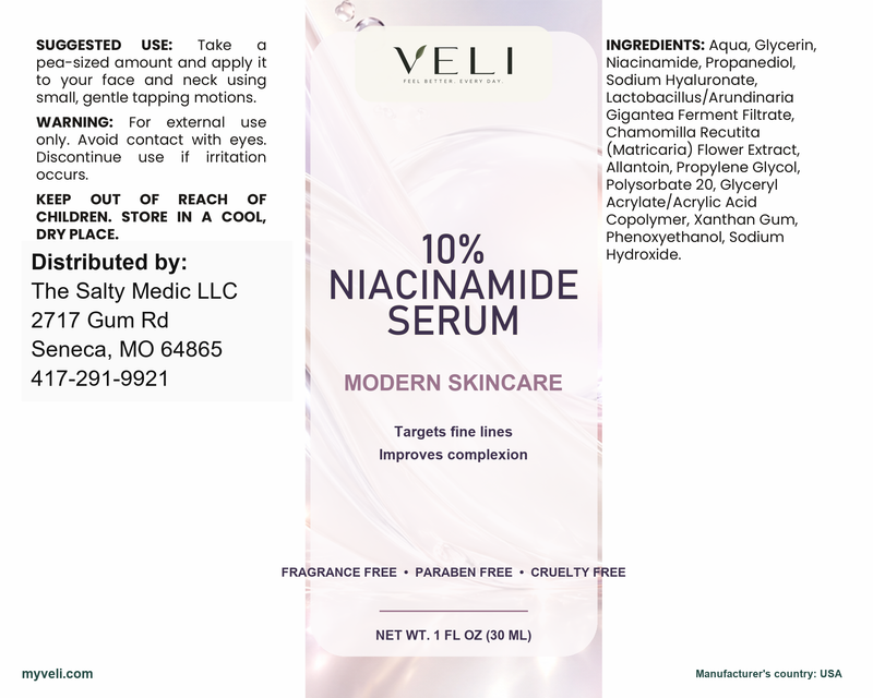 10% Niacinamide Serum by VELI, full label with facts, directions and warnings