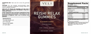 Reishi Relax Gummies by VELI, full label with facts, directions and warnings