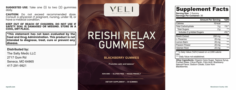 Reishi Relax Gummies by VELI, full label with facts, directions and warnings